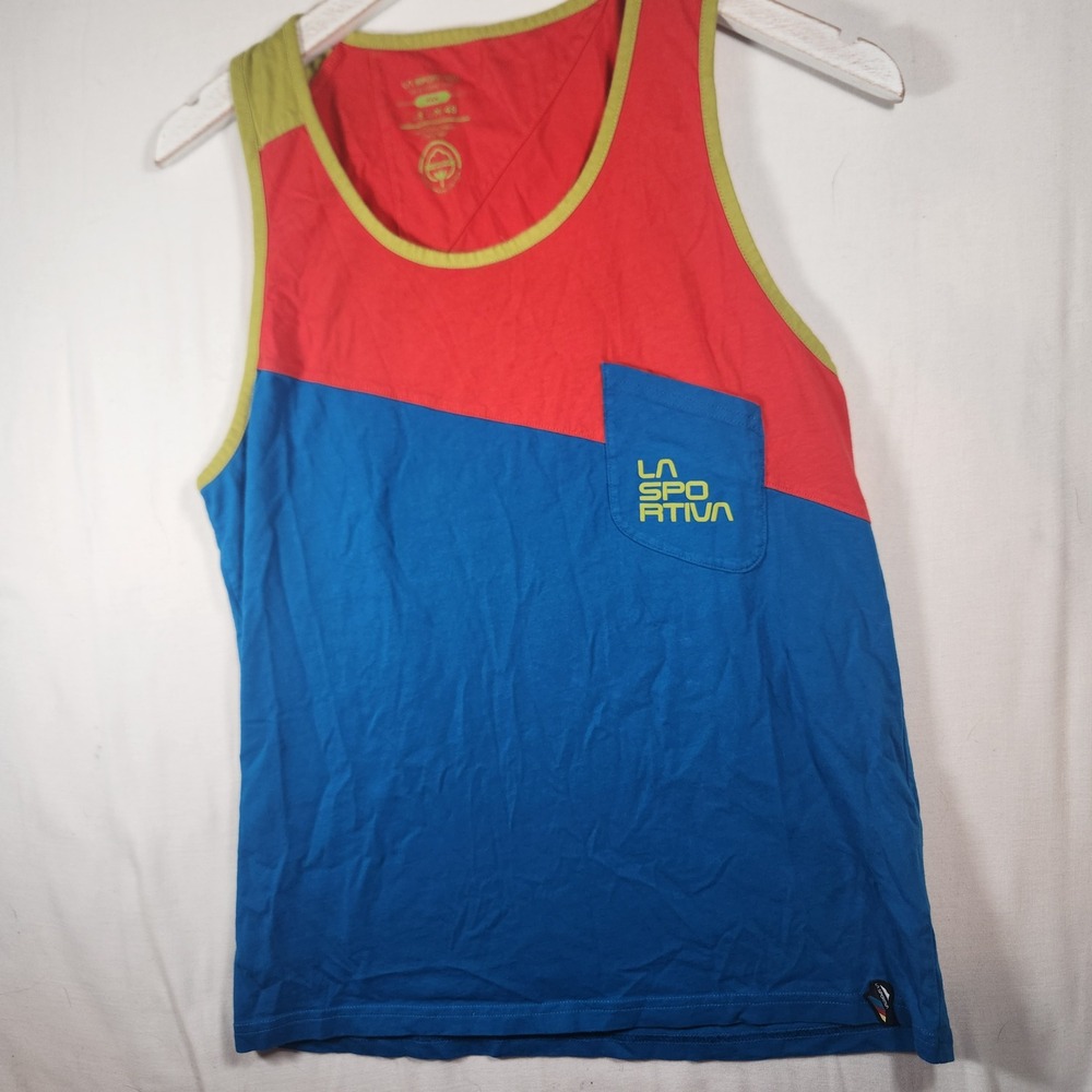 La Sportiva Mens Organic Cotton Climbing Tank Top Blue Red Colorblock Small